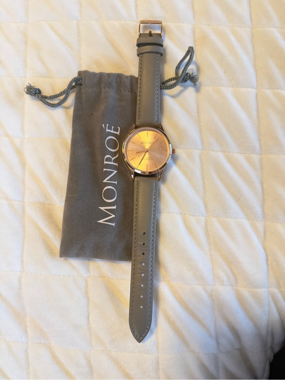 Women’s Gray Leather Strap Watch with Rose Gold Dial